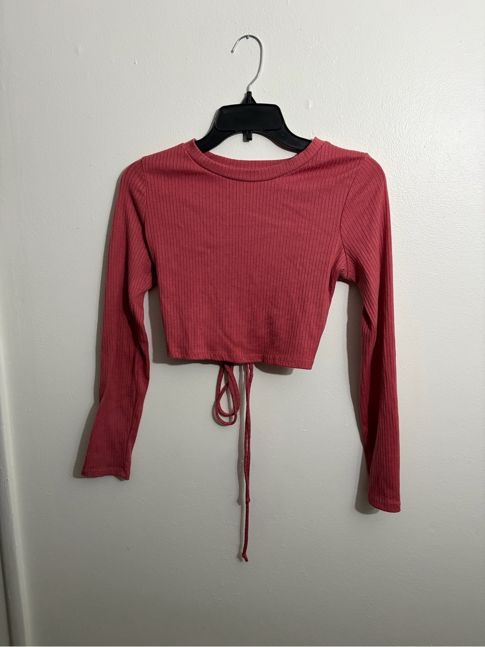 Love Ribbed Long-Sleeve Crop Top in Rose Pink with Front Drawstring